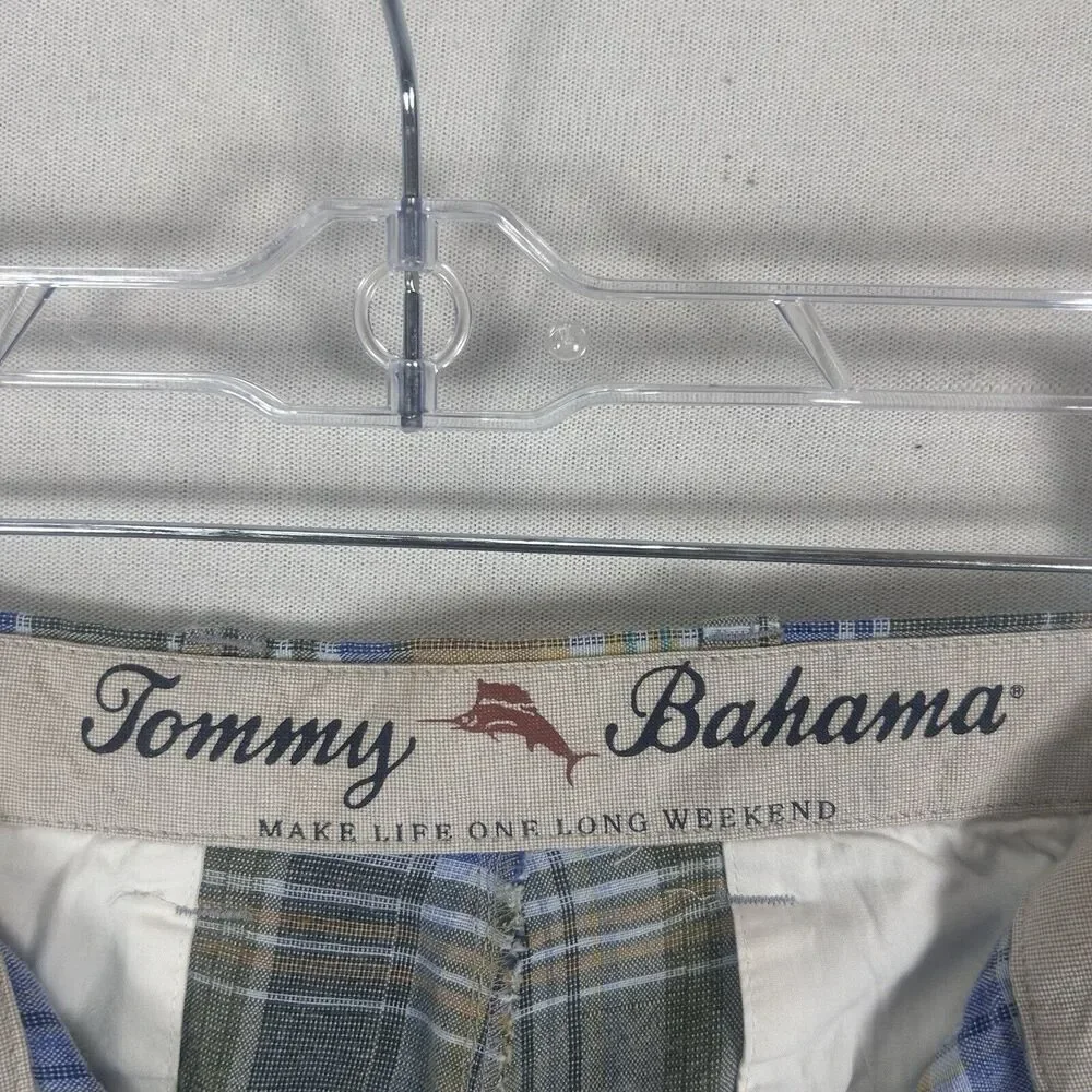 Tommy Bahama Mens Plaid Linen Shorts Size 34 Green Blue Island 10